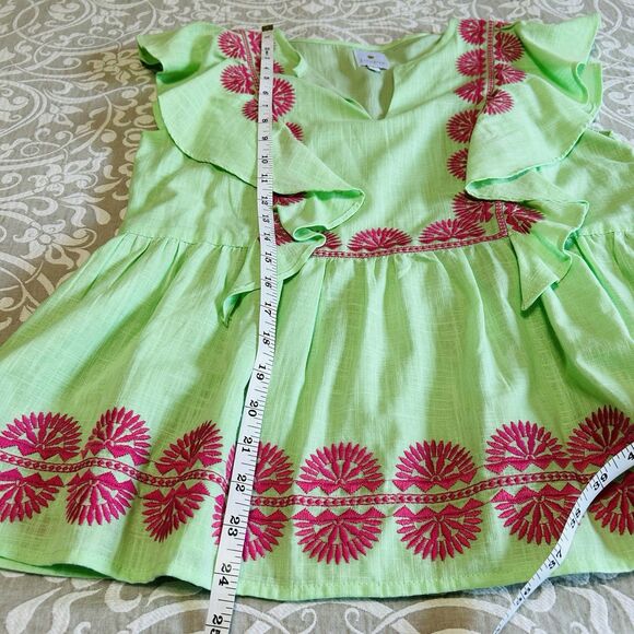 J.Marie Blouse Women S Green Pink Cotton Blend Embroidery Ruffle Boho Resort - Picture 6 of 12